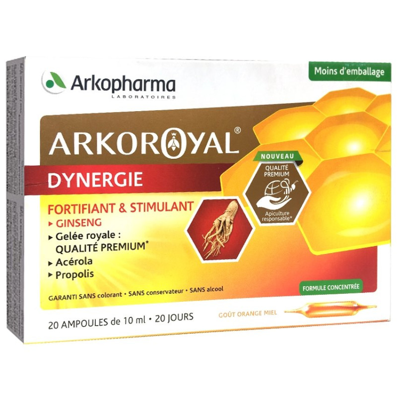 Arkopharma Arkoroyal Dynergie Fortifiant Stimulant Goût Orange & Miel 20 ampoules