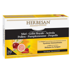 Herbesan Miel + Gelée Royale + Acérola + Pollen + Pamplemousse + Propolis 20 Ampoules de 15ml