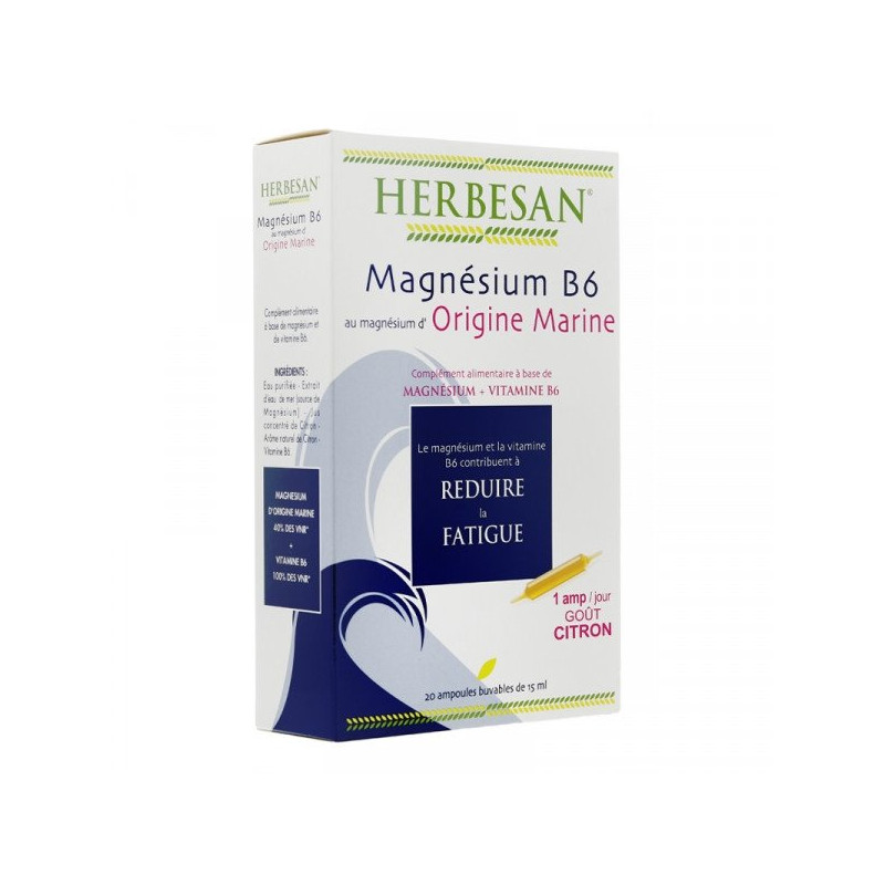 Herbesan Magnésium Marin B6 Goût Citron 20 ampoules de 15ml