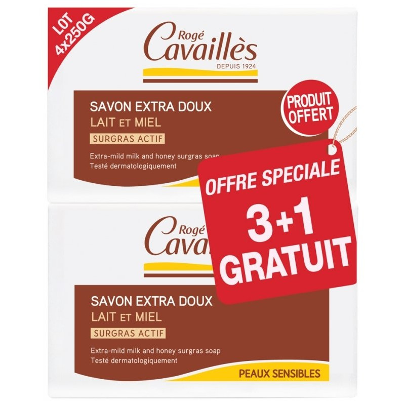 Rogé Cavailles Savons Extra-Doux Lait & Miel Surgras Actif 3 x 250g + 1 OFFERT