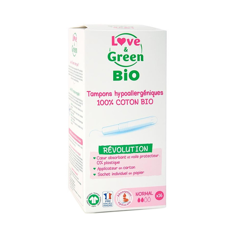 Love & Green Tampons Hypoallerngéniques avec Applicateur Normal Bio 16 pièces