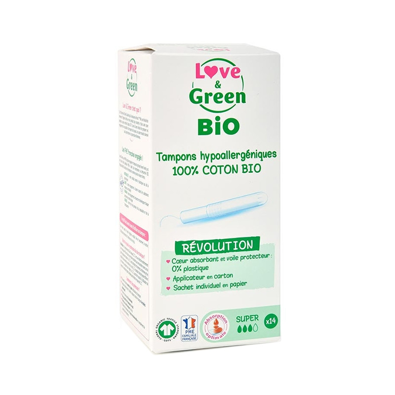 Love & Green Tampons Hypoallergéniques avec Applicateur Super Bio 14 pièces